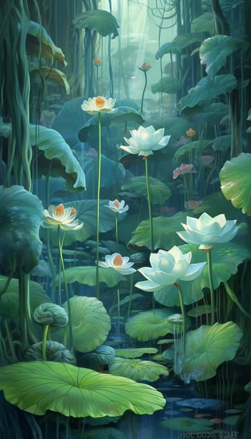 蓝绿色节气荷花叶子插画背景,插画/手绘图,插画/手绘图库,插画/手绘图下载,插画/手绘